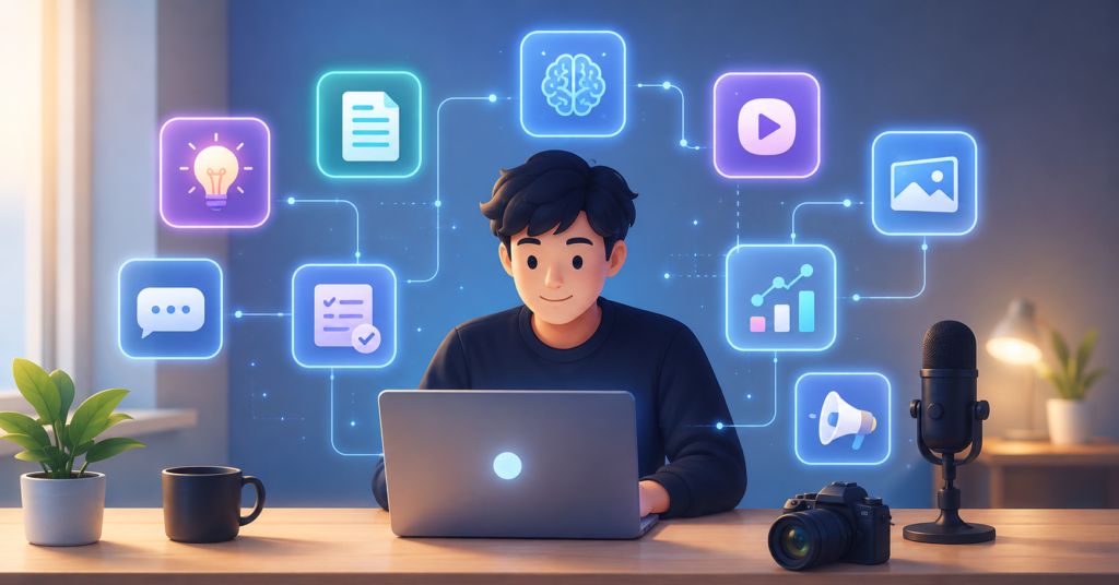 Solo content creator using AI workflow tools at a modern desk with automation icons around a laptop