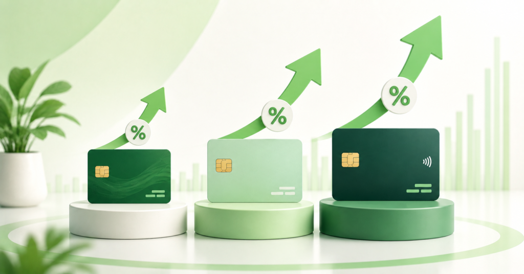 Three minimalist cash back credit card icons with upward reward arrows in green financial tones