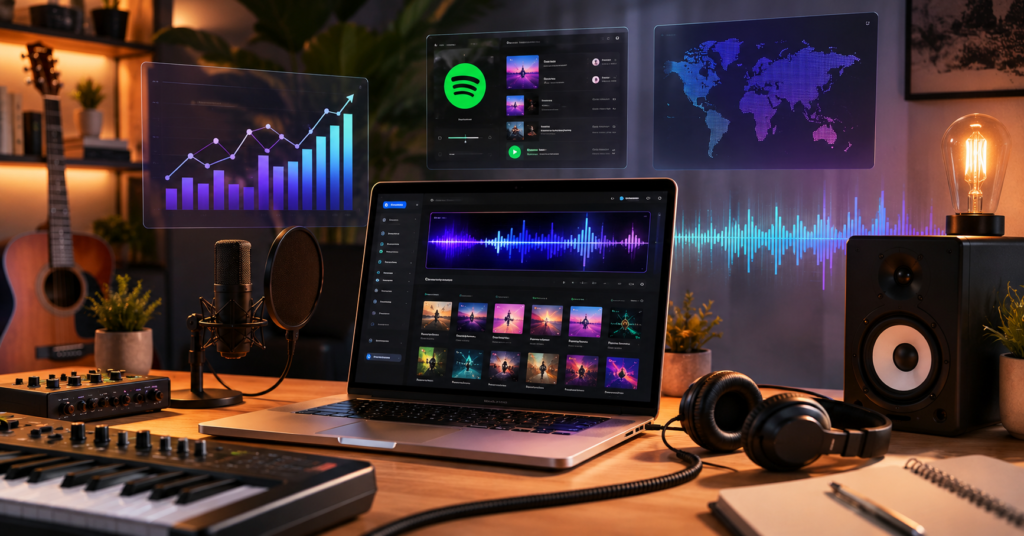 Japanese AI music creator workspace with Spotify music distribution dashboard and AI-generated music production setup