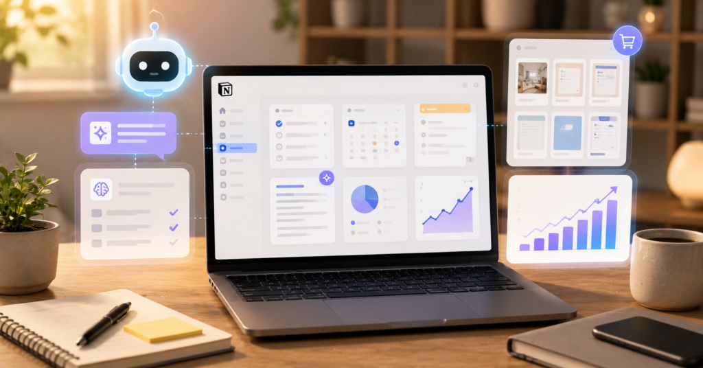 Notion-style AI productivity dashboard for side hustle workflow and task automation