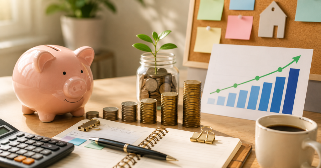 Piggy bank and rising emergency fund savings concept with budget planner and coins