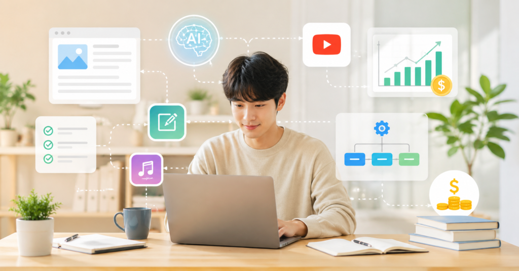 6. 대체 텍스트 AIツールを使って副業収入を得る初心者のホームオフィス風景