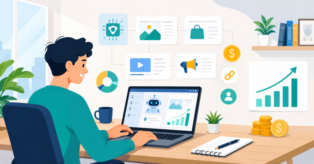 Person earning money using AI tools in a modern home office workspace in 2026