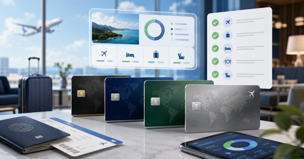 Premium travel rewards credit cards with airplane ticket, passport, points dashboard, welcome bonus checklist, and airport lounge background