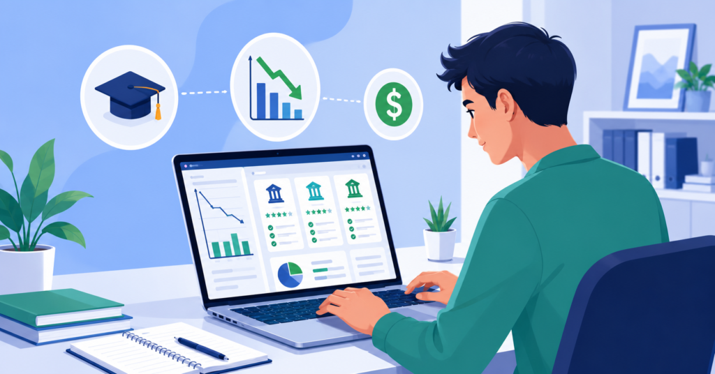 Young professional comparing student loan refinancing lenders and interest rates