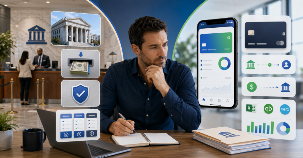 LLC owner comparing business bank accounts, fintech platforms, fees, FDIC coverage, and bookkeeping integrations