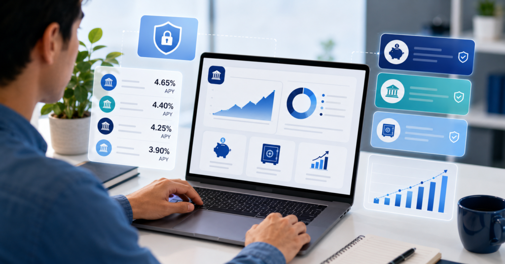 Person reviewing high yield savings account options on a laptop with APY comparison charts and secure banking icons