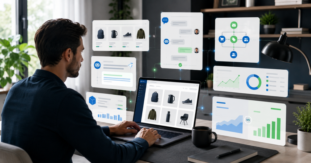 Shopify store owner using AI tools for product listings, chatbot support, marketing automation, inventory analytics, and ROI comparison