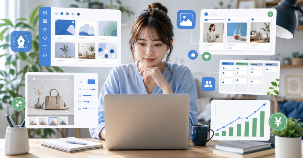 Japanese beginner freelancer using Canva-style design tools on a laptop with template dashboard, SNS cards, freelance workflow, and income growth chart