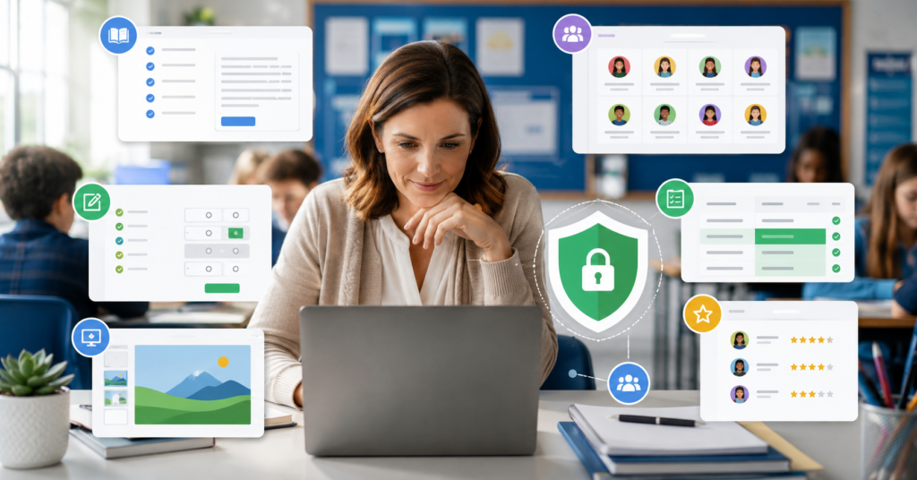 Teacher using AI classroom tools for lesson planning, quizzes, grading, and student feedback