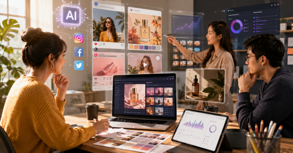 AI-powered marketing visuals dashboard with advertising campaigns, social media content, and image generation workflow