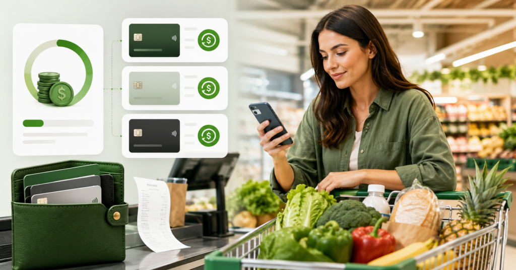 Person reviewing cash back credit card options at a grocery checkout with reward cards, wallet, receipt, and groceries