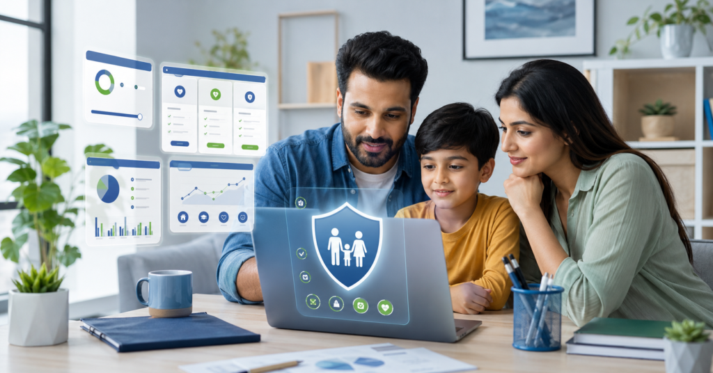 Young family reviewing affordable life insurance options on a laptop with calculator dashboard and policy comparison visuals