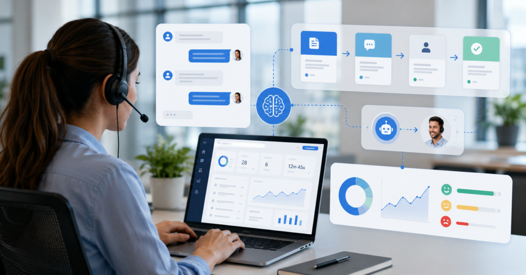 Customer service agent using AI dashboard with chat interface, support ticket workflow, human handoff, and sentiment analysis