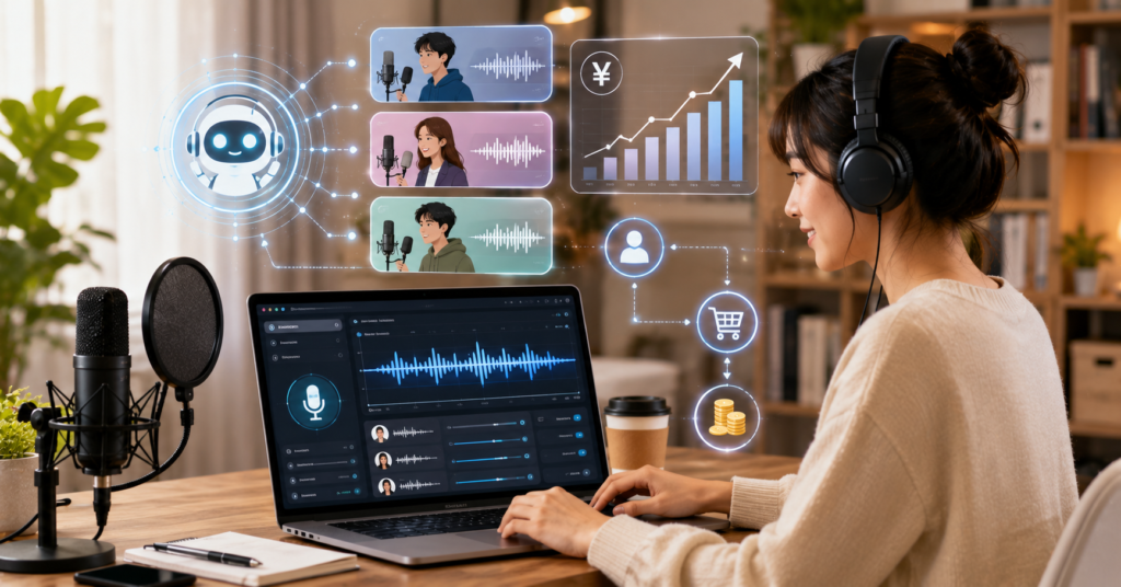 AI音声合成ツールを活用して副業収入を目指す日本人フリーランスの作業風景