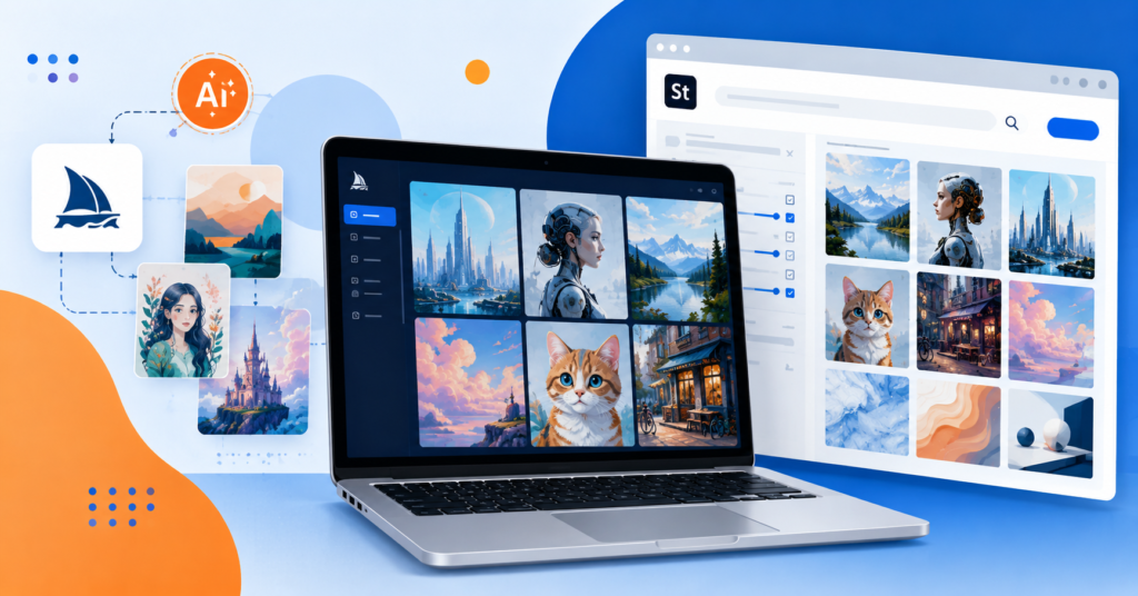 Midjourneyで生成したAIイラストとAdobe Stock販売画面を表現したクリエイティブワークスペース