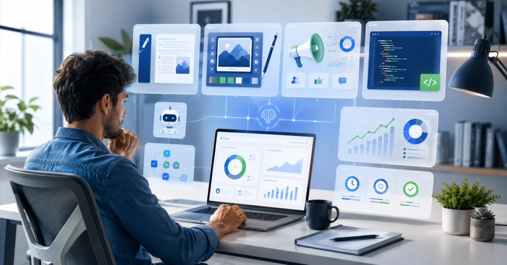 Freelancer comparing AI tools on a laptop with ROI calculator, workflow panels, automation icons, and productivity charts