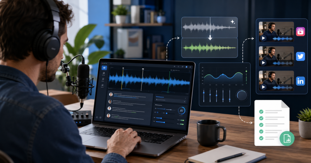 AI podcast editing workflow with audio cleanup dashboard, transcript panels, microphone setup, and content export cards
