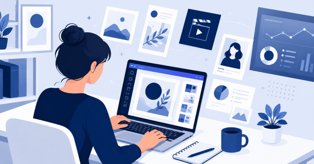 Canva AIを活用してテンプレート制作を行う人物とデザイン素材のイメージ