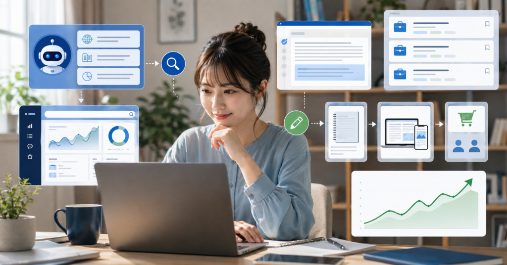 Japanese beginner freelancer using AI research tools for side income, freelance job search, proposal writing, note content sales, and income growth