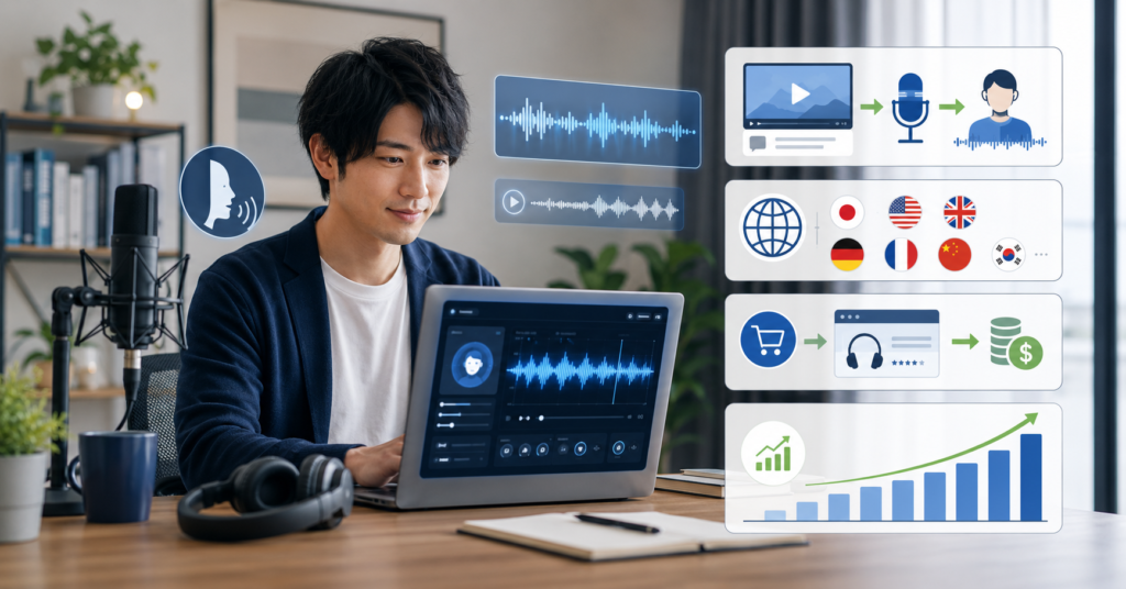 ElevenLabs副業でAI音声制作を行う日本人フリーランサーと音声波形、収益化、YouTubeナレーションのイメージ