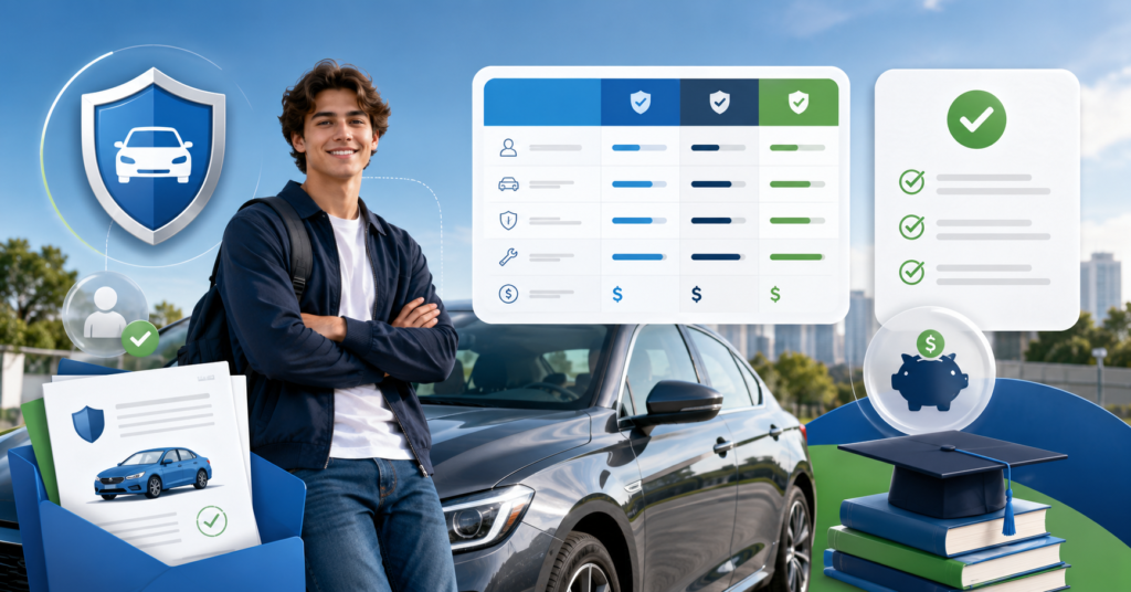 Young driver standing near a modern car with auto insurance documents, quote comparison dashboard, savings checklist, and safe driving icons