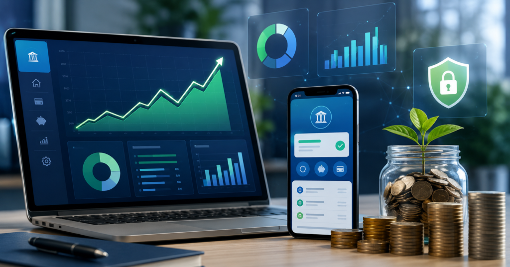 High yield savings account dashboard showing savings growth, interest earnings, and secure online banking tools