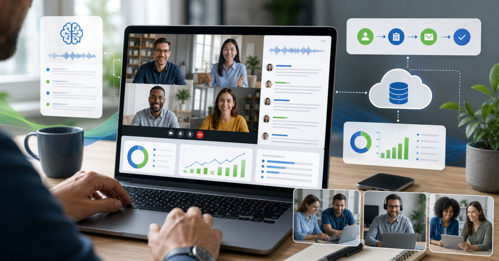 AI meeting transcription tools dashboard for remote business meetings and CRM workflow automation