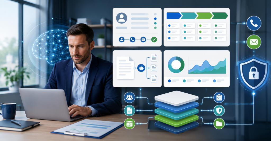 AI tools for insurance agents showing lead intake, CRM follow-up, claims automation, and underwriting workflow panels