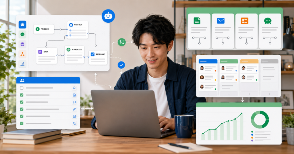 Difyで業務自動化副業を進める日本人フリーランサーとAIチャットボット作成画面