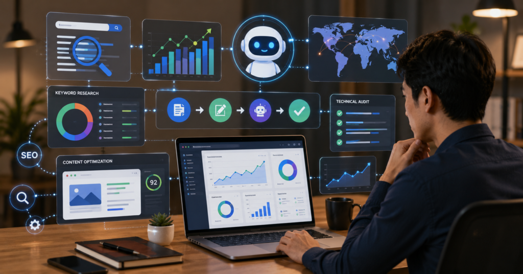 AI-powered SEO dashboard showing keyword research, ranking growth, analytics tracking, and content optimization workflow