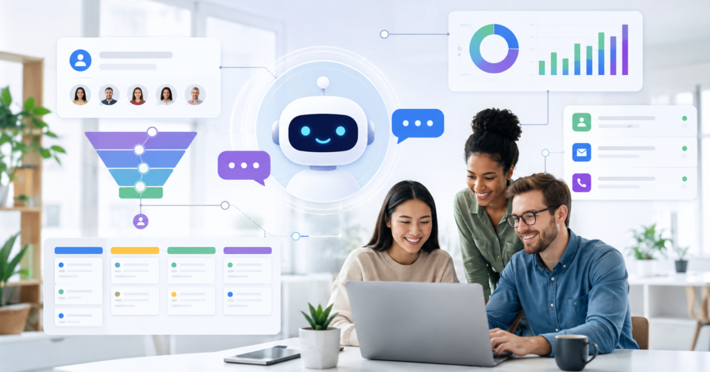 AI chatbot business automation dashboard with customer support and sales workflow