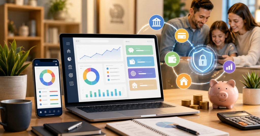 Personal finance app dashboard showing budgeting, savings goals, expense tracking, and net worth management