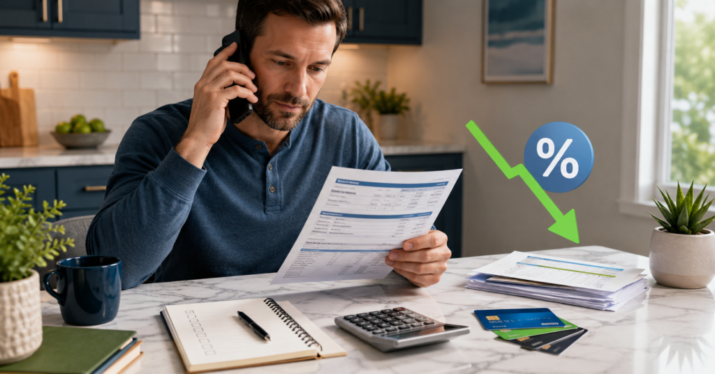 Person calling credit card issuer while reviewing APR and card statement