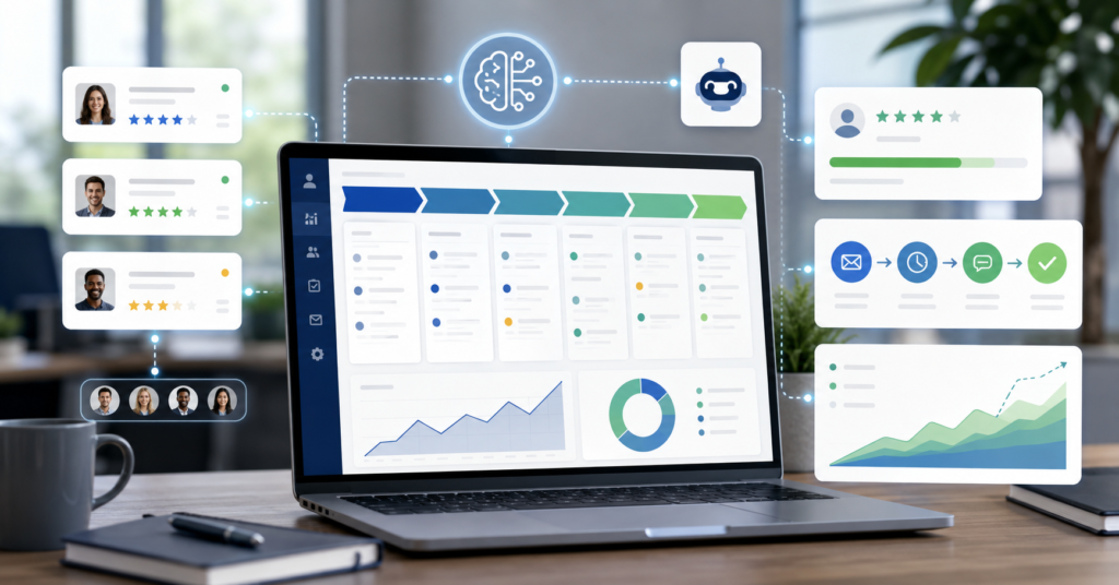 AI CRM automation dashboard with sales pipeline stages, lead scoring cards, automated follow-up icons, and revenue forecast chart