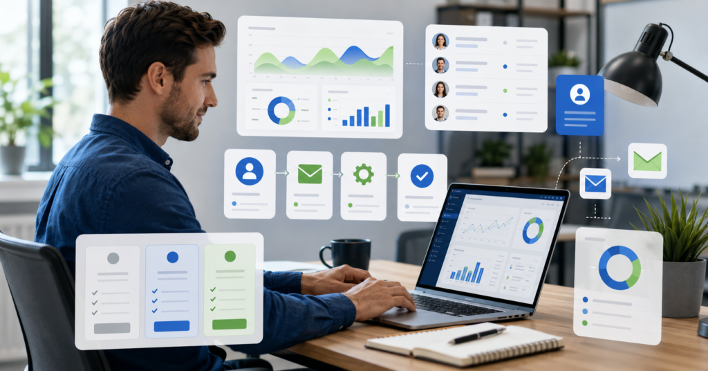 Small business owner using AI automation dashboard with CRM, email workflow, and pricing comparison visuals