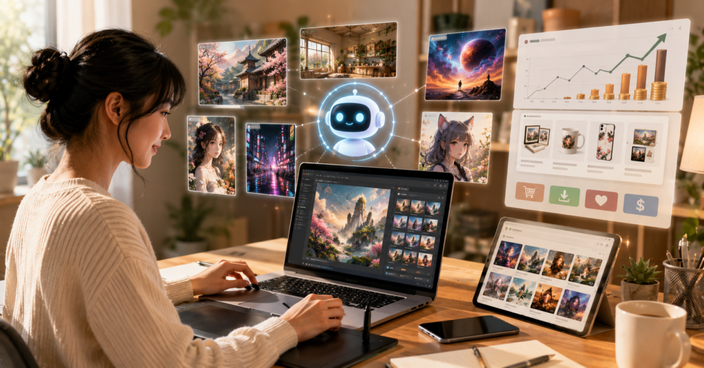 AI画像生成ツールを活用して副業収入を目指す日本人クリエイターの作業風景