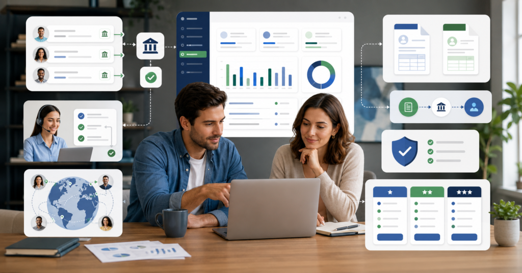 Freelancer comparing payroll software for contractor payments, direct deposit, tax documents, accounting integrations, and compliance in 2026