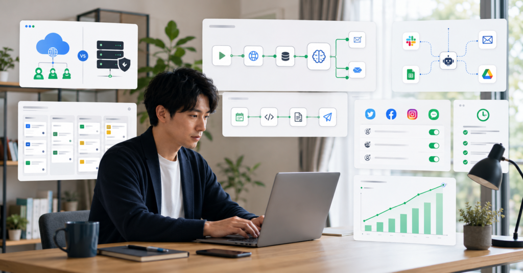 n8nクラウド自動化を使う日本人フリーランサーとAIワークフロー副業の作業画面