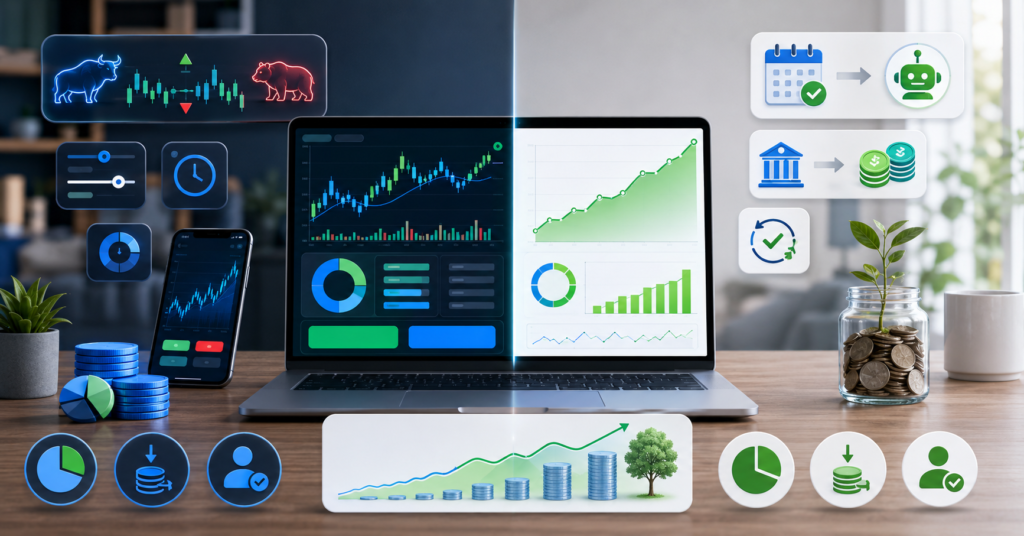 ETF vs index fund comparison showing beginner investing dashboard, trading flexibility, automated recurring investments, expense ratios, and wealth growth