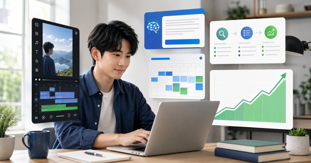 Japanese beginner creator using AI tools for short video editing, keyword research, content calendar, and income growth