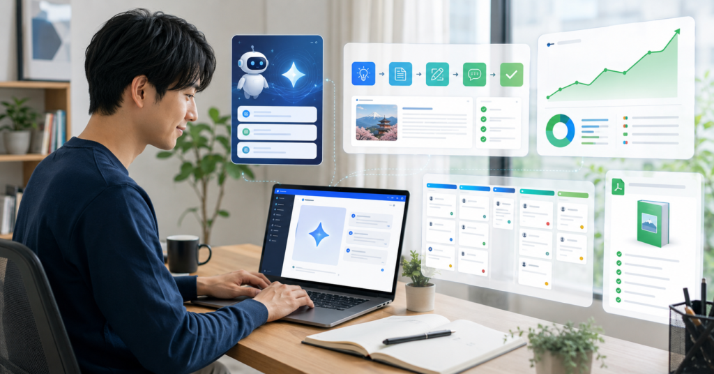 Gemini AI副業を始める初心者がノートパソコンでAIダッシュボードと収益化ワークフローを操作する画像