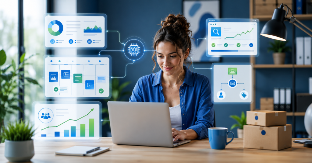 Small business owner using AI marketing tools on a laptop with dashboard, content calendar, email workflow, and customer growth chart