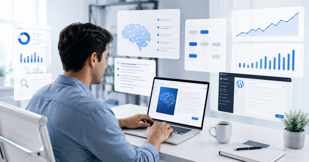 Professional blogger using AI writing software with SEO analytics dashboard and WordPress publishing workflow