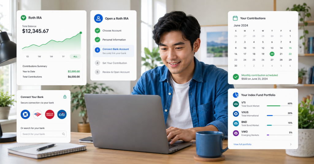 Beginner opening a Roth IRA online with retirement savings dashboard, bank connection workflow, and index fund portfolio cards