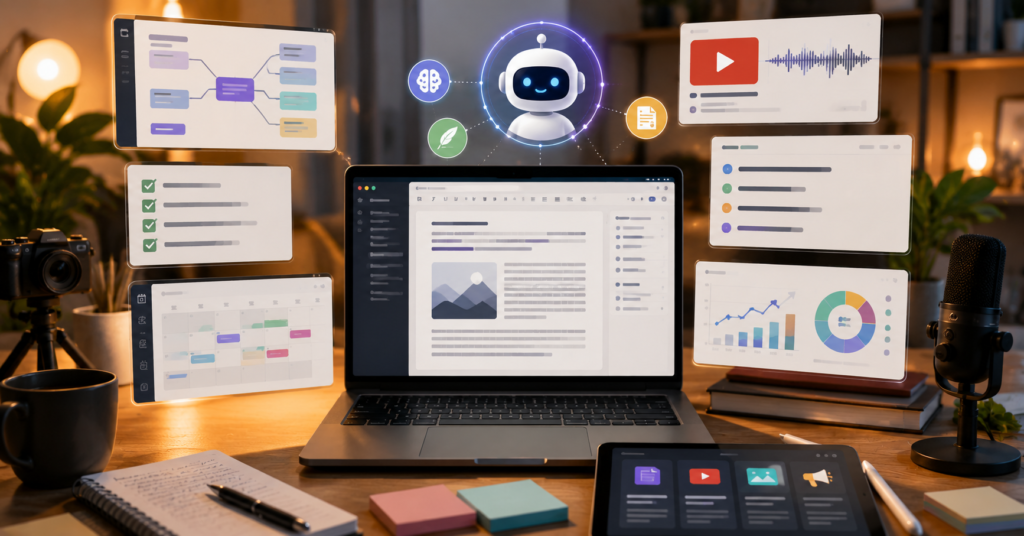 AI writing tools workflow dashboard for content creators with SEO planning and content production system