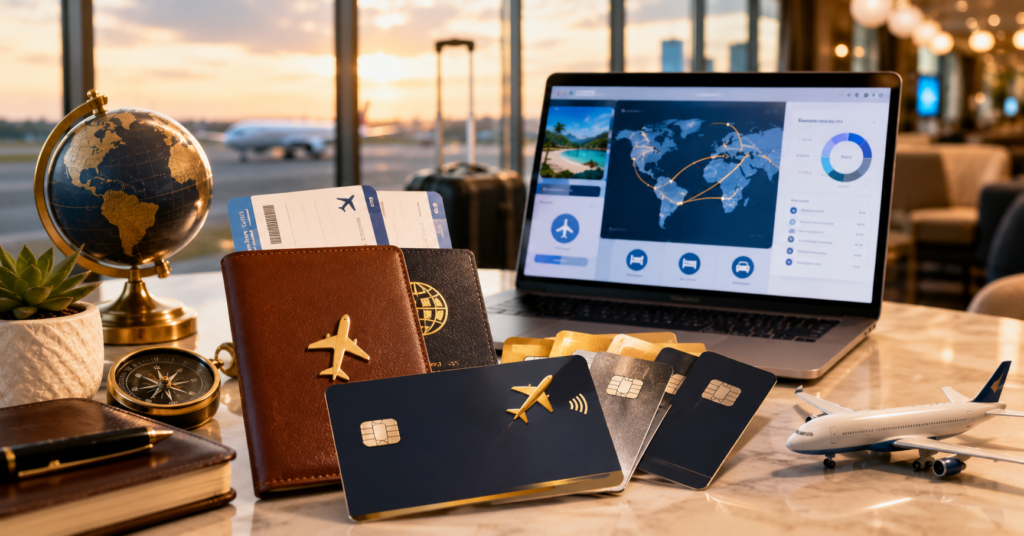 Travel credit card rewards dashboard with passport, airline benefits, reward points tracking, and travel planning tools