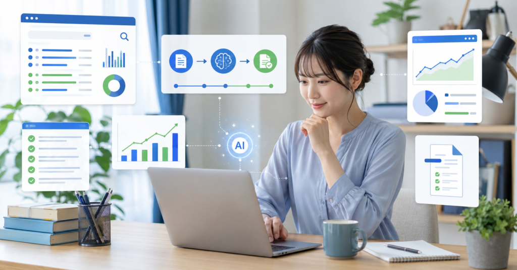 AI記事作成ブログ副業を始める初心者がノートパソコンでキーワード調査と記事作成ワークフローを確認する画像