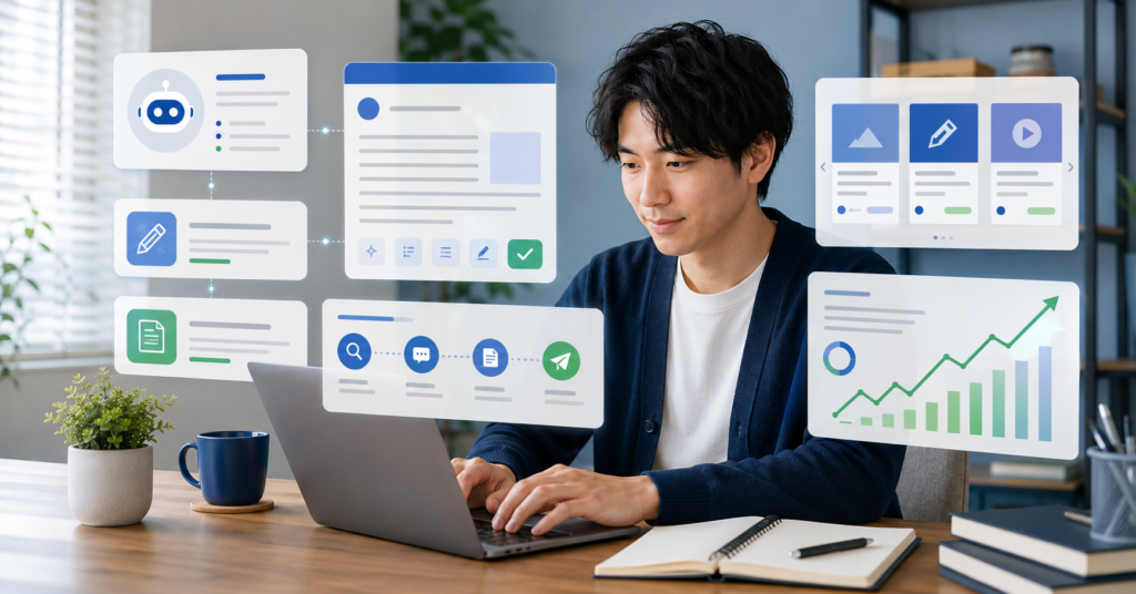 Japanese freelancer using AI writing dashboard for ChatGPT side income with freelance workflow and income growth chart