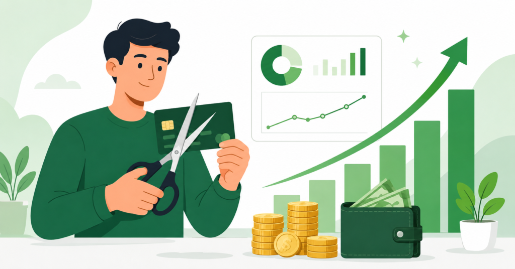 Person cutting a credit card with scissors beside coins, wallet, and rising green savings chart showing credit card debt payoff progress